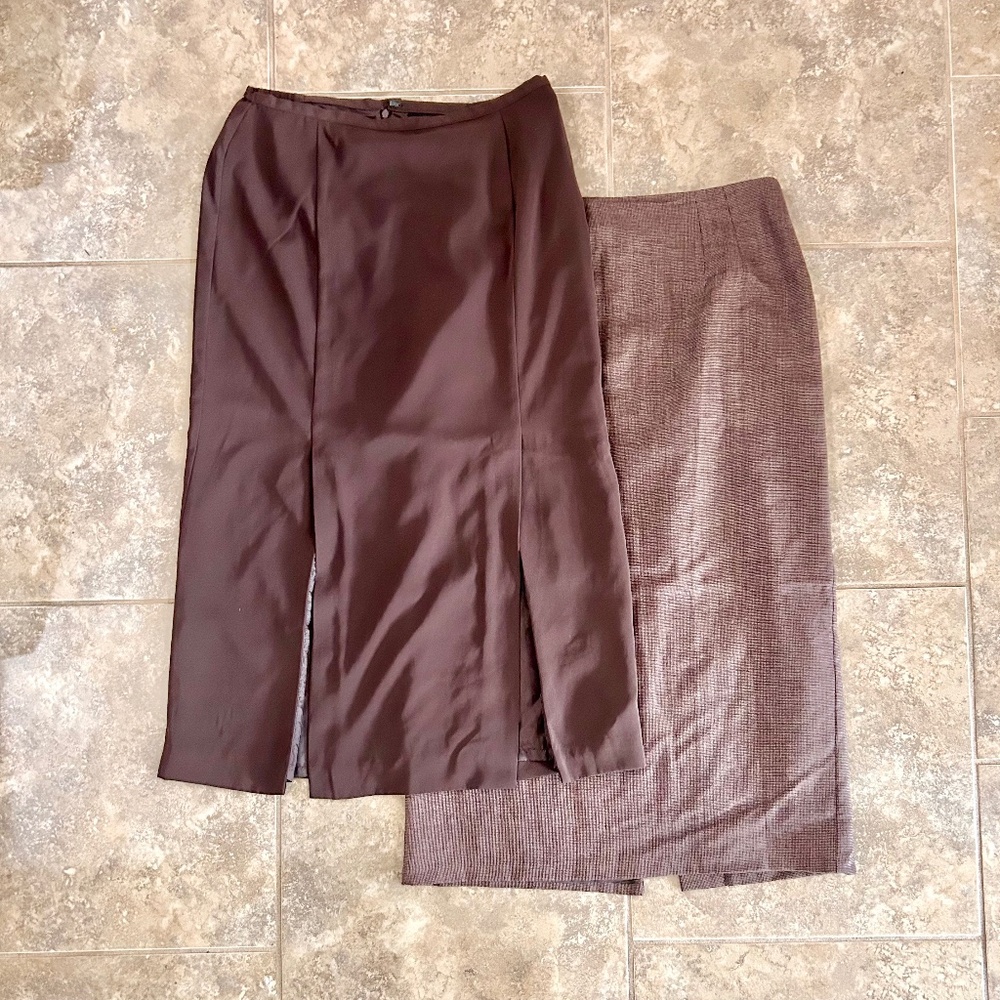 Vintage Lot of 2 Skirts Brown long pencil skirts tweed wool check front slits